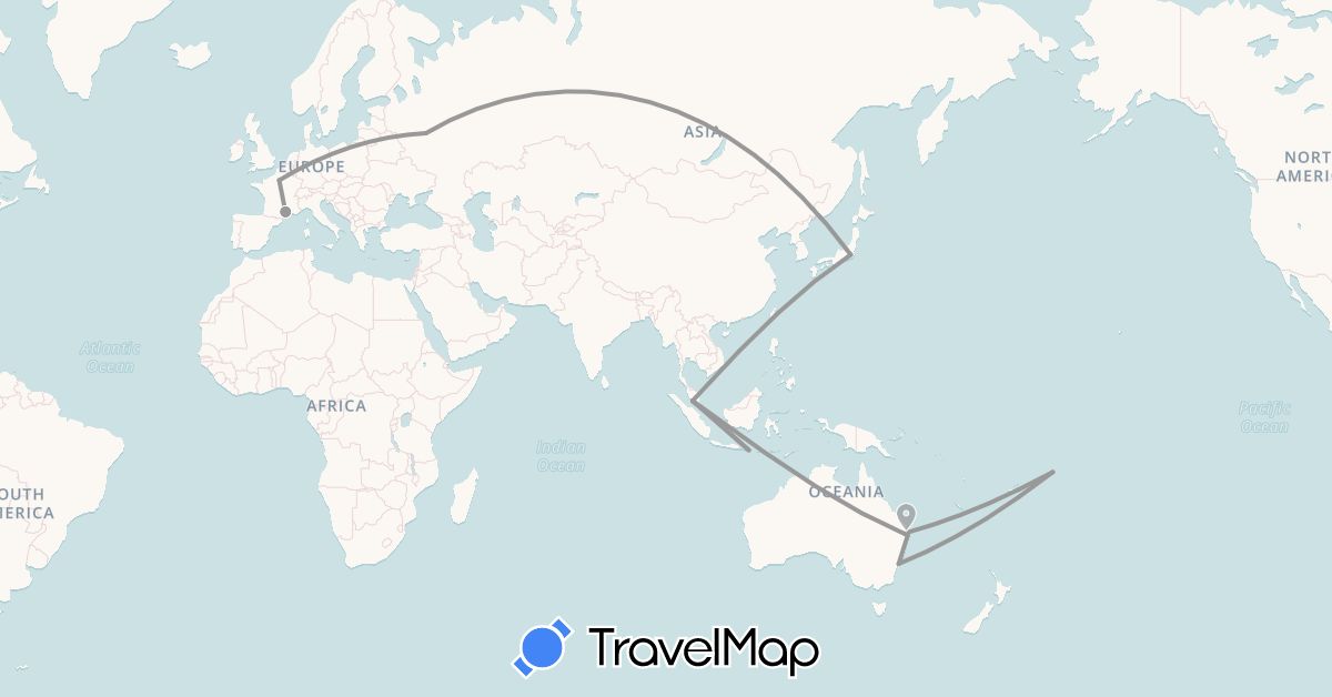 TravelMap itinerary: driving, plane in Australia, France, Indonesia, Japan, Malaysia, Russia, Singapore, Samoa (Asia, Europe, Oceania)